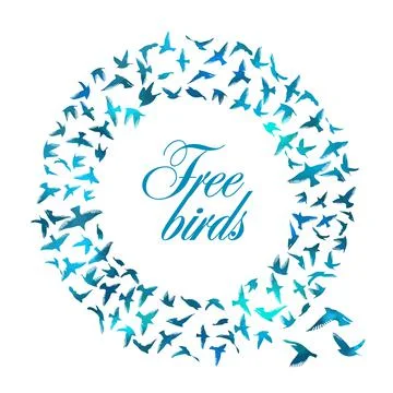 Round frame of flying blue birds. Vector illustration Stock Illustration