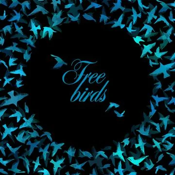 Round frame of flying blue birds. Vector illustration Stock Illustration
