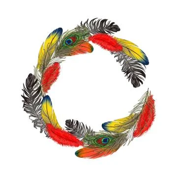 Round frame formed by bird feathers with space for text Stock Illustration