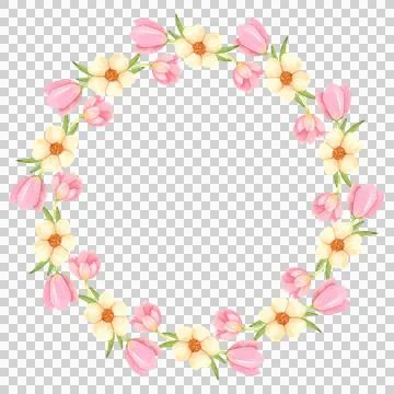 Round frame of fresh flowers. Spring pink flowers hand painted in watercolor. Stock Illustration