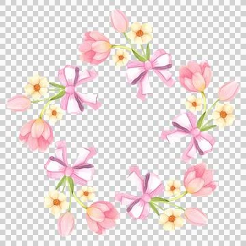 Round frame of fresh flowers. Spring pink flowers hand painted in watercolor. Stock Illustration