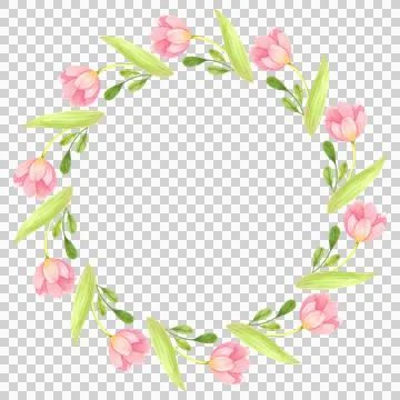 Round frame of fresh tulips. Spring pink flowers hand painted in watercolor. Illustrazione stock