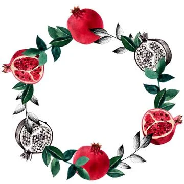Round frame garnet wreath fruit and leaves. Stock Illustration