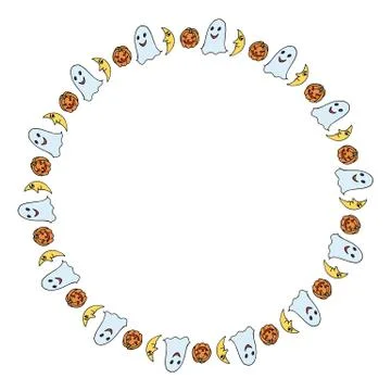 Round frame with ghost, pumpkin and moon for Halloween. Vector image. Stock Illustration