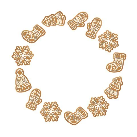 Round frame with gingerbread cookies of different shapes. Christmas tree, hat Illustrazione stock