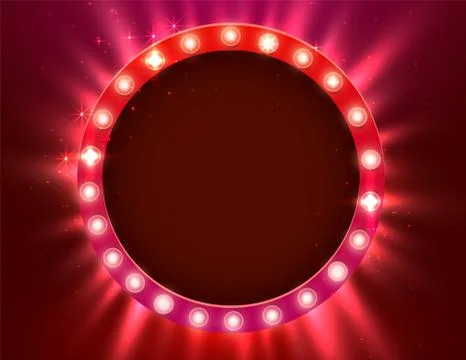 Round frame with glowing shiny light bulbs. Shining party banner. Signboard with Stock Illustration