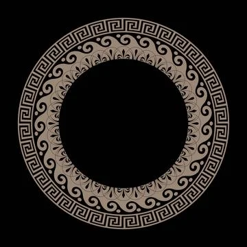 Round frame with Greek pattern on black background. Greek gold ornament. Circula Stock Illustration