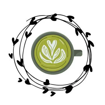 Round frame with Green Tea Matcha latte foam with milk Cup, Traditional japanese Stock Illustration
