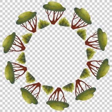 Round frame with green trees. Hand-drawn watercolor illustration. Stock Illustration