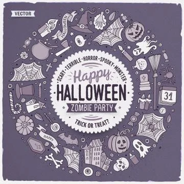 Round frame Halloween cartoon objects, symbols and items Stock Illustration