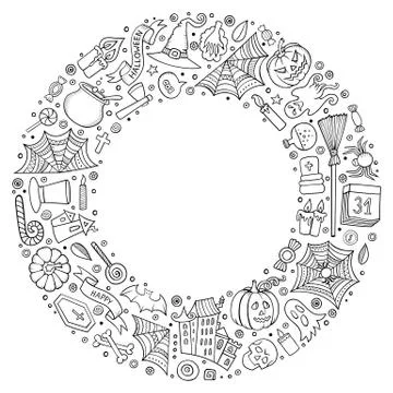 Round frame Halloween cartoon objects, symbols and items Stock Illustration