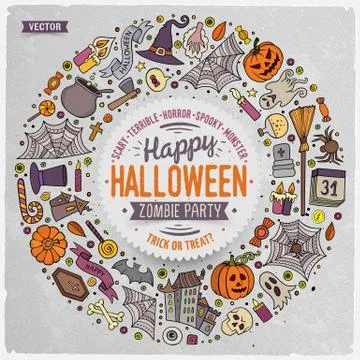 Round frame Halloween cartoon objects, symbols and items 스톡 일러스트