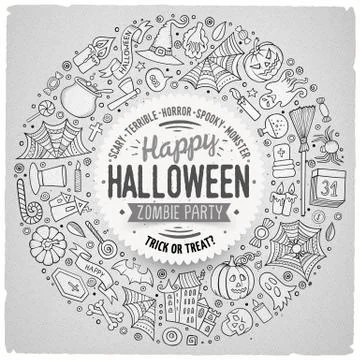 Round frame Halloween cartoon objects, symbols and items Stock Illustration