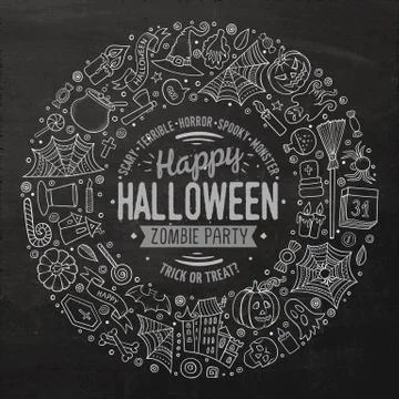 Round frame Halloween cartoon objects, symbols and items Illustrazione stock