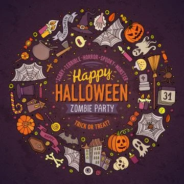 Round frame Halloween cartoon objects, symbols and items 스톡 일러스트