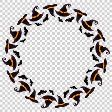 Round frame with Halloween composition. Hand drawn illustration. hat and bats. Stock Illustration