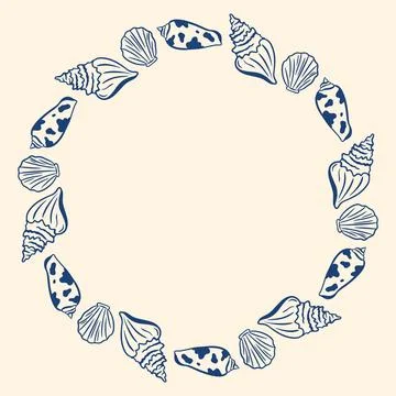 Round frame of hand-drawn shells and mollusks in Mediterranean style Stock Illustration