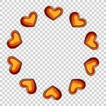 Round frame. Heart-shaped gingerbread with jam. Delicious hand-drawn cookies Stock Illustration