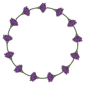 Round frame with horizontal violet flowers on white background. Vector image. Stock-Illustration