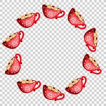 Round frame. Hot cocoa in a red mug. Warm chocolate in a festive cup Stock-Illustration
