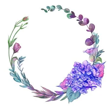 Round frame with hydrangea purple flowers drawn in watercolor for cards Illustrazione stock