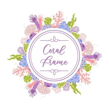 A round frame illustration featuring elegant coral designs in diverse color.. Stock Illustration