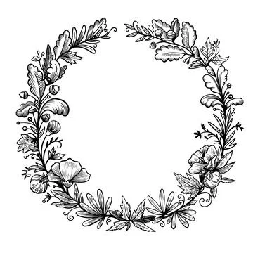 Round frame in ink hand drawn style with plant forest elements, mushrooms Stock Illustration