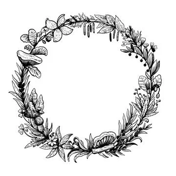 Round frame in ink hand drawn style with plant forest elements, mushrooms Stockillustratie