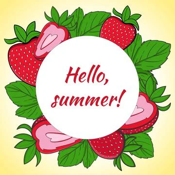A round frame inside a ripe strawberry. The template of the post hello summer Stock Illustration