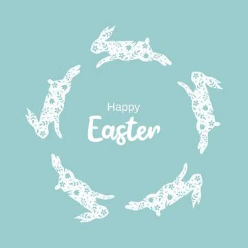 Round frame of jumping Easter bunnies with floral pattern Stock Illustration