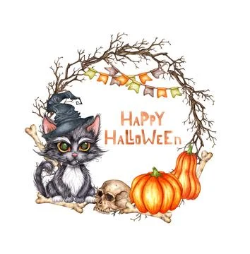 Round frame kitten and bones watercolor 스톡 일러스트