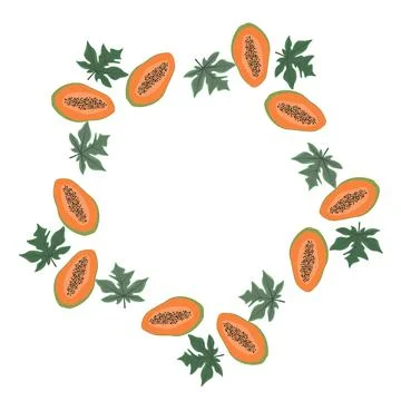 Round frame of leaf and papaya. Exotic leaves, collected in a composition in a Stock Illustration
