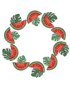Round frame of leaf and watermelon. Exotic leaves, collected in a composition in Stock Illustration