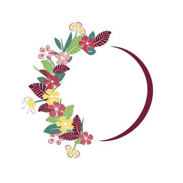 Round frame leaves and pink, yellow, red flowers Stock Illustration