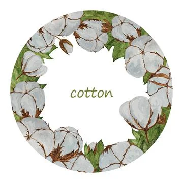 Round frame with leaves, branches and cotton bolls Stock Illustration