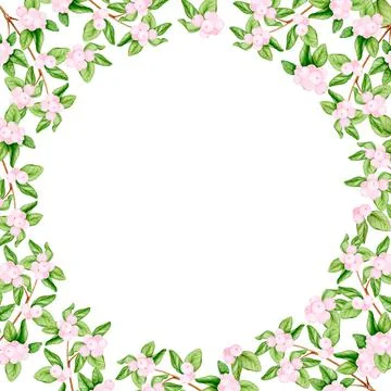 Round frame made of branches with pink berries. Watercolor illustrations Stock Illustration