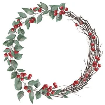 Round frame made of branches with red berries, green leaves and branches. Wat Stock Illustration