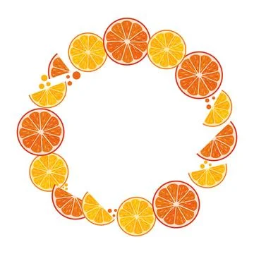Round frame made of citrus orange and grapefruit slices, vector flat illust.. Stock Illustration