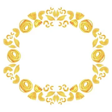 Round frame made of different types of Italian pasta for designing menus Illustrazione stock