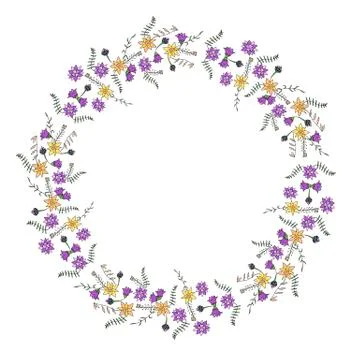 Round frame made of flowers and herbs. Romantic floral wreath on white Stock Illustration
