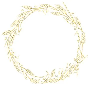 Round frame made of golden outline wheat or rye ears. Vector autumn wreath, b Stock Illustration