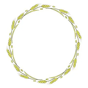 Round frame made of golden wheat or rye ears. Vector autumn wreath, border ha Stock Illustration