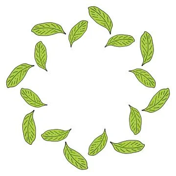 Round frame made of green leaf pattern. Romantic wreath on white background Stock Illustration