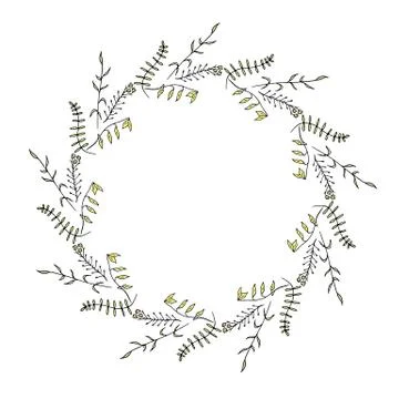 Round frame made of herbal elements. Romantic wreath on white background Stock Illustration