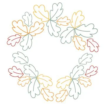 Round frame made of leaves of different colors in trendy shades. Outline drawing Stock Illustration