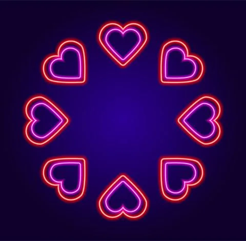 Round frame made of red neon hearts. a pattern of neon hearts, pink and red Stock Illustration