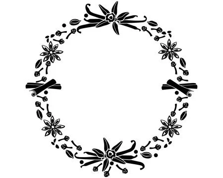 Round frame made of spices. Vanilla cardamom, cloves, cinnamon, star anise Stock Illustration
