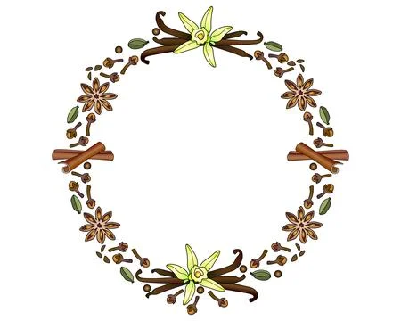 Round frame made of spices. Vanilla cardamom, cloves, cinnamon, star anise Illustrazione stock