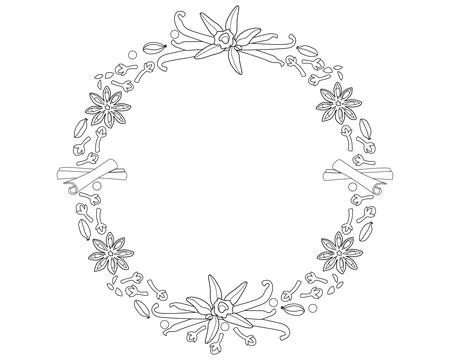 Round frame made of spices. Vanilla cardamom, cloves, cinnamon, star anise Stock Illustration