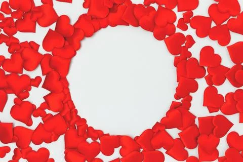 Round frame made of textile red confetti in a heart shape. Stock Photos